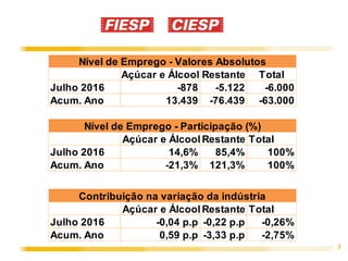 3
Açúcar e Álcool Restante Total
Julho 2016 -878 -5.122 -6.000
Acum. Ano 13.439 -76.439 -63.000
Açúcar e ÁlcoolRestante Total
Julho 2016 14,6% 85,4% 100%
Acum. Ano -21,3% 121,3% 100%
Açúcar e ÁlcoolRestante Total
Julho 2016 -0,04 p.p -0,22 p.p -0,26%
Acum. Ano 0,59 p.p -3,33 p.p -2,75%
Nível de Emprego - Valores Absolutos
Nível de Emprego - Participação (%)
Contribuição na variação da indústria
 