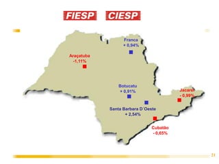 Franca
                  + 0,94%

Araçatuba
  -1,11%




                Botucatu
                + 0,91%                  Jacareí
                                         - 0,99%


            Santa Barbara D´Oeste
                   + 2,54%


                               Cubatão
                               - 0,65%




                                                   21
 