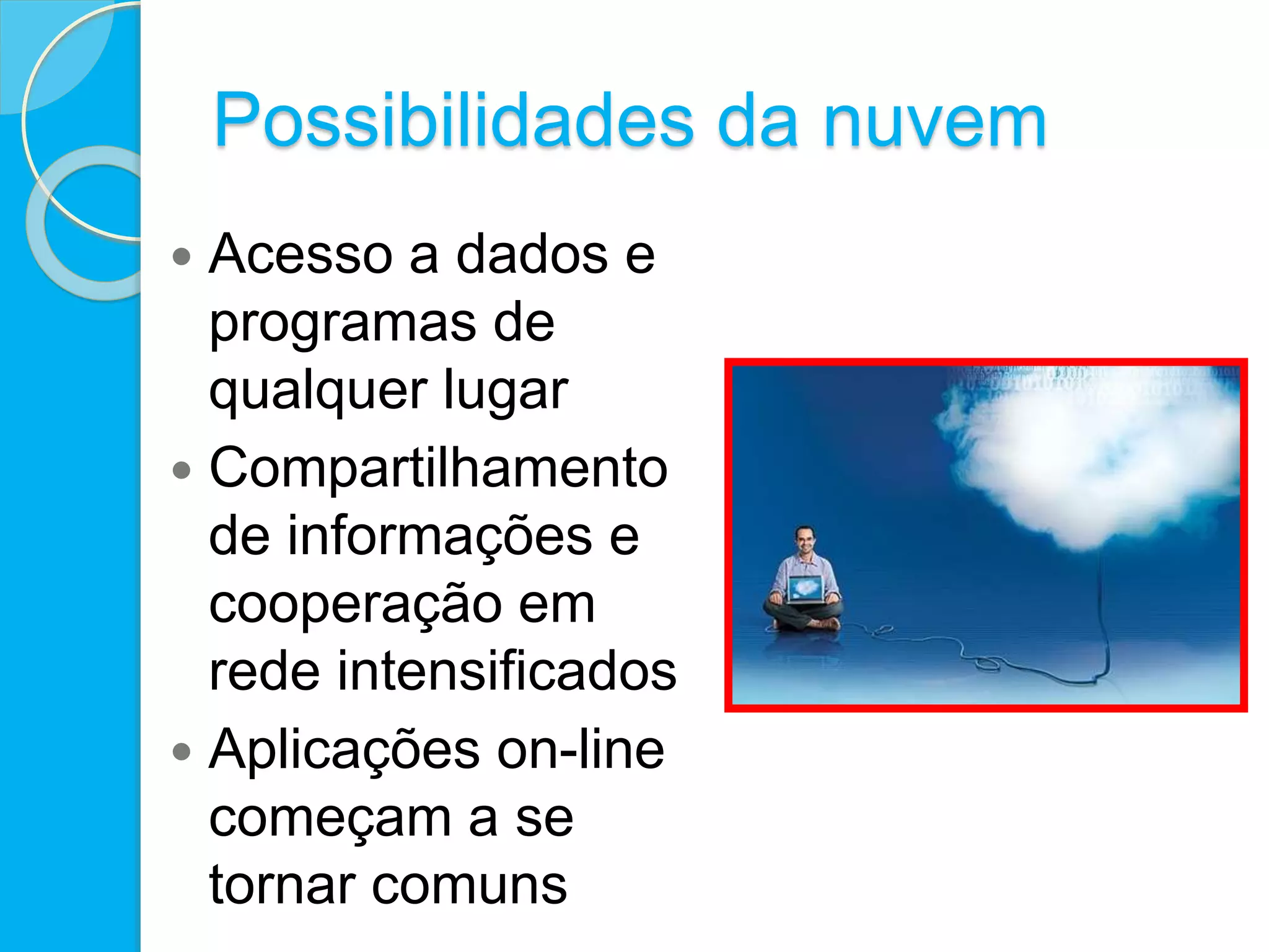 Possibilidades da nuvem
 Acesso a dados e
programas de
qualquer lugar
 Compartilhamento
de informações e
cooperação em
rede intensificados
 Aplicações on-line
começam a se
tornar comuns
 