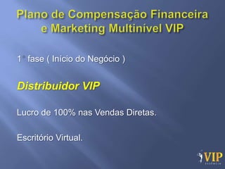 1 fase ( Início do Negócio )


Distribuidor VIP

Lucro de 100% nas Vendas Diretas.

Escritório Virtual.
 