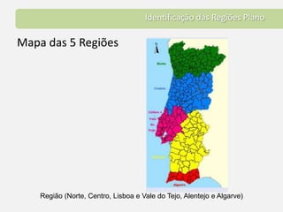 Identificação das Regiões PlanoMapa das 5 Regiões Região (Norte, Centro, Lisboa e Vale do Tejo, Alentejo e Algarve)
