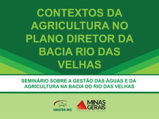 CONTEXTOS DA
AGRICULTURA NO
PLANO DIRETOR DA
BACIA RIO DAS
VELHAS
SEMINÁRIO SOBRE A GESTÃO DAS ÁGUAS E DA
AGRICULTURA NA BACIA DO RIO DAS VELHAS
 