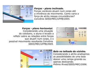                   Forças - plano horizontal .  Considerando uma situação  do cotidiano, o aluno é levado a refletir sobre as relações entre forças que atuam num corpo, e o possível movimento resultante.Convênio  SEED/MEC/UFPB/2005. Forças - plano inclinado. Forças variáveis atuam num corpo até a iminência do movimento. Como varia a força de atrito nessas circunstâncias?  Convênio SEED/MEC/UFPB/2005. Bola no telhado do vizinho. Considerando o atrito analisamos as possibilidades de uma bola descer uma rampa girando ou apenas deslizando. Prêmio Rived/SEED/MEC/2006. 