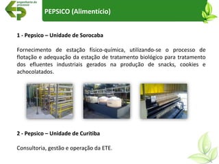 1 - Pepsico – Unidade de Sorocaba
Fornecimento de estação físico-química, utilizando-se o processo de
flotação e adequação da estação de tratamento biológico para tratamento
dos efluentes industriais gerados na produção de snacks, cookies e
achocolatados.
2 - Pepsico – Unidade de Curitiba
Consultoria, gestão e operação da ETE.
PEPSICO (Alimentício)
 