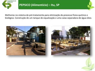 Melhorias no sistema de pré-tratamento para otimização do processo físico-químico e
biológico. Construção de um tanque de equalização e uma caixa separadora de água-óleo.
PEPSICO (Alimentício) – Itu, SP
 