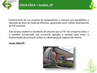 COCA-COLA – Jundiaí, SP
Fornecimento de um conjunto de equipamentos e serviços que possibilitem a
absorção de picos de vazão de efluentes, garantindo assim melhor desempenho
da ETE existente.
Este tanque receberá o excedente de efluente que a ETE não comporta tratar, e
o manterá armazenado sob constante agitação e aeração para evitar a
sedimentação de partículas sólidas e a decomposição orgânica do mesmo.
Vazão: 600m³/h
 