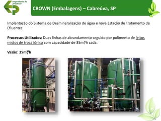 CROWN (Embalagens) – Cabreúva, SP
Implantação do Sistema de Desmineralização de água e nova Estação de Tratamento de
Efluentes.
Processos Utilizados: Duas linhas de abrandamento seguido por polimento de leitos
mistos de troca iônica com capacidade de 35m³/h cada.
Vazão: 35m³/h
 