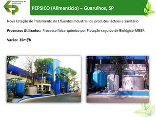 PEPSICO (Alimentício) – Guarulhos, SP
Nova Estação de Tratamento de Efluentes Industrial de produtos lácteos e Sanitário
Processos Utilizados: Processo físico-químico por Flotação seguido de Biológico-MBBR
Vazão: 35m³/h
 