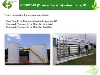 GOODYEAR (Pneus e Borracha) – Americana, SP
Foram executados 3 projetos nesta unidade:
- Nova Estação de Desmineralização de água por OR
- Sistema de Tratamento de Efluentes Industrial
- Sistema de Tratamento de Efluentes Sanitário
 