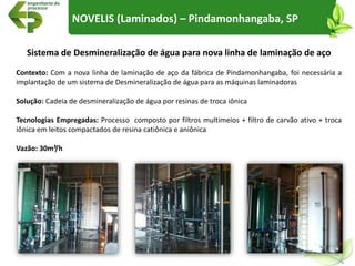 NOVELIS (Laminados) – Pindamonhangaba, SP
Sistema de Desmineralização de água para nova linha de laminação de aço
Contexto: Com a nova linha de laminação de aço da fábrica de Pindamonhangaba, foi necessária a
implantação de um sistema de Desmineralização de água para as máquinas laminadoras
Solução: Cadeia de desmineralização de água por resinas de troca iônica
Tecnologias Empregadas: Processo composto por filtros multimeios + filtro de carvão ativo + troca
iônica em leitos compactados de resina catiônica e aniônica
Vazão: 30m³/h
 