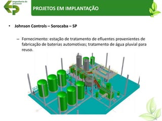 • Johnson Controls – Sorocaba – SP
– Fornecimento: estação de tratamento de efluentes provenientes de
fabricação de baterias automotivas; tratamento de água pluvial para
reuso.
PROJETOS EM IMPLANTAÇÃO
 