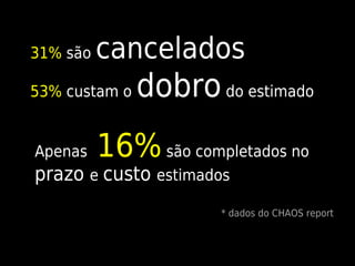 31% são   cancelados
53% custam o   dobro do estimado
Apenas    16% são completados no
prazo e custo estimados
                       * dados do CHAOS report
 
