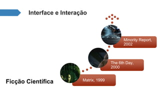 Matrix, 1999 
Minority Report, 
2002 
The 6th Day, 
2000 
Interface e Interação 
Ficção Científica 
 