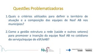 1.Quais o critérios utilizados para definir o território de
atuação e a composição das equipes de Nasf AB nos
municípios?
2.Como a gestão estrutura a rede (saúde e outros setores)
para promover a inserção da equipe Nasf AB no cotidiano
do serviço/equipe de eSF/eAB?
Questões Problematizadoras
 