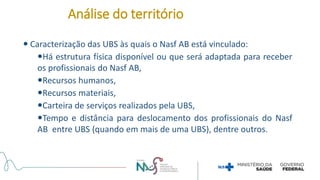  Caracterização das UBS às quais o Nasf AB está vinculado:
Há estrutura física disponível ou que será adaptada para receber
os profissionais do Nasf AB,
Recursos humanos,
Recursos materiais,
Carteira de serviços realizados pela UBS,
Tempo e distância para deslocamento dos profissionais do Nasf
AB entre UBS (quando em mais de uma UBS), dentre outros.
Análise do território
 