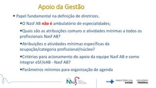  Papel fundamental na definição de diretrizes.
O Nasf AB não é ambulatório de especialidades;
Quais são as atribuições comuns e atividades mínimas a todos os
profissionais Nasf AB?
Atribuições e atividades mínimas específicas da
ocupação/categoria profissional/núcleo?
Critérios para acionamento do apoio da equipe Nasf AB e como
integrar eSF/eAB - Nasf AB?
Parâmetros mínimos para organização de agenda
Apoio da Gestão
 