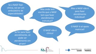 Se for para fazer
atendimento, só
pode ser
atendimento em
grupo!
O NASF é só apoio
matricial!
Mas onde tem
escrito que o NASF
tem que fazer
atendimento
individual?
O NASF não é
clínica!
Se o NASF fizer
clínica, vai ser um
ambulatório de
especialidades!
Mas o NASF não é
para fazer
atendimento
individual!
 
