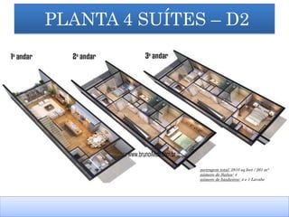 PLANTA 4 SUÍTES – D2
PLANTA DE 3 SUÍTES –d2
metragem total: 2810 sq feet / 261 m²
número de Suítes: 4
número de banheiros: 4 e 1 Lavabo
m2
BEST PRICE
...::: www.brunoiMob.com.br :::...
 