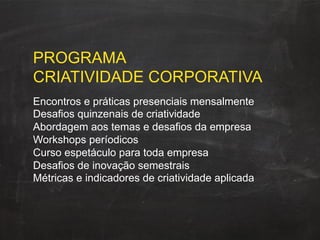 PROGRAMA
CRIATIVIDADE CORPORATIVA
Encontros e práticas presenciais mensalmente
Desafios quinzenais de criatividade
Abordagem aos temas e desafios da empresa
Workshops períodicos
Curso espetáculo para toda empresa
Desafios de inovação semestrais
Métricas e indicadores de criatividade aplicada
 
