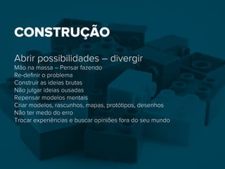 CONSTRUÇÃO
Abrir possibilidades – divergir
Mão na massa – Pensar fazendo
Re-deﬁnir o problema
Construir as ideias brutas
Não julgar ideias ousadas
Repensar modelos mentais
Criar modelos, rascunhos, mapas, protótipos, desenhos
Não ter medo do erro
Trocar experiências e buscar opiniões fora do seu mundo
 
