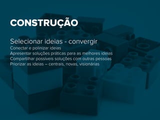 CONSTRUÇÃO
Selecionar ideias - convergir
Conectar e polinizar ideias
Apresentar soluções práticas para as melhores ideias
Compartilhar possíveis soluções com outras pessoas
Priorizar as ideias – centrais, novas, visionárias
 
