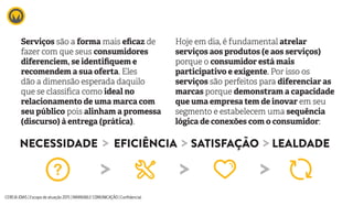 Serviços são a forma mais eficaz de
fazer com que seus consumidores
diferenciem, se identifiquem e
recomendem a sua oferta. Eles
dão a dimensão esperada daquilo
que se classifica como ideal no
relacionamento de uma marca com
seu público pois alinham a promessa
(discurso) à entrega (prática).
Hoje em dia, é fundamental atrelar
serviços aos produtos (e aos serviços)
porque o consumidor está mais
participativo e exigente. Por isso os
serviços são perfeitos para diferenciar as
marcas porque demonstram a capacidade
que uma empresa tem de inovar em seu
segmento e estabelecem uma sequência
lógica de conexões com o consumidor:
LEALDADENECESSIDADE EFICIÊNCIA SATISFAÇÃO
CEREJAJOIAS | Escopo de atuação 2015 | MARKABLE COMUNICAÇÃO | Confidencial
 