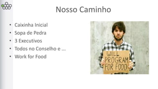 Nosso Caminho 
• Caixinha Inicial 
• Sopa de Pedra 
• 3 Executivos 
• Todos no Conselho e ... 
• Work for Food 
 