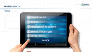 PROJETO eSOCIAL
ÍNDICE
O QUE É eSOCIAL?
LAYOUT
CRONOGRAMA DO GOVERNO
LAYOUT X SOLICITAÇÕES
ÍNDICE
eSocial e Reflexos
 