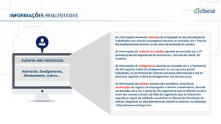 INFORMAÇÕES REQUISITADAS
EVENTOS NÃO PERIÓDICOS
Admissão, Desligamento,
Afastamento, outros...
As informações iniciais de admissão de empregado ou de contratação de
trabalhador sem vínculo empregatício deverão ser enviadas até o final do
dia imediatamente anterior ao do início da prestação do serviço;
As informações de acidente de trabalho deverão ser enviadas até o 1º
(primeiro) dia útil seguinte ao da ocorrência e, em caso de morte, de
imediato
As informações de desligamento deverão ser enviadas até o 1º (primeiro)
dia útil seguinte à data do desligamento, no caso de aviso prévio
trabalhado, ou do término de contrato por prazo determinado e até 10
(dez) dias seguintes à data do desligamento nos demais casos;
As informações dos demais eventos não periódicos, inclusive as
atualizações do registro de empregados e demais trabalhadores, deverão
ser enviadas até o dia 7 (sete) do mês seguinte ao que se referem ou até o
envio dos eventos mensais de folha de pagamento que se relacionem
segundo as regras de validação constantes no Manual de Orientação do
eSocial, disponível no sítio eletrônico do eSocial na Internet, no endereço
<http://www.esocial.gov.br>.
 