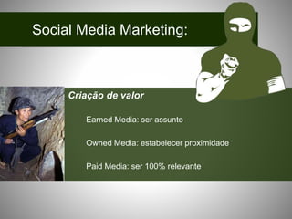 Criação de valor
Earned Media: ser assunto
Owned Media: estabelecer proximidade
Paid Media: ser 100% relevante
Social Media Marketing:
 