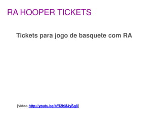 RA HOOPER TICKETS

 Tickets para jogo de basquete com RA




  [vídeo http://youtu.be/bYl2hMJySg8]
 