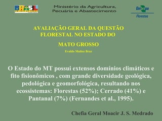 AVALIAÇÃO GERAL DA QUESTÃO
FLORESTAL NO ESTADO DO
MATO GROSSO
Evaldo Muñoz Braz
O Estado do MT possui extensos domínios climáticos e
fito fisionômicos , com grande diversidade geológica,
pedológica e geomorfológica, resultando nos
ecossistemas: Florestas (52%); Cerrado (41%) e
Pantanal (7%) (Fernandes et al., 1995).
Chefia Geral Moacir J. S. Medrado
 