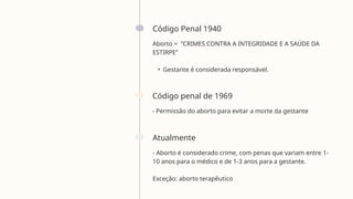 Código Penal 1940
Aborto = ”CRIMES CONTRA A INTEGRIDADE E A SAÚDE DA
ESTIRPE”
• Gestante é considerada responsável.
Código penal de 1969
⁃ Permissão do aborto para evitar a morte da gestante
Atualmente
⁃ Aborto é considerado crime, com penas que variam entre 1-
10 anos para o médico e de 1-3 anos para a gestante.
Exceção: aborto terapêutico
 