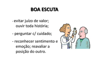 BOA ESCUTA

- evitar
       juízo de valor;
  ouvir toda história;
- perguntar c/ cuidado;
- reconhecer sentimento e
   emoção; reavaliar a
   posição do outro.
 