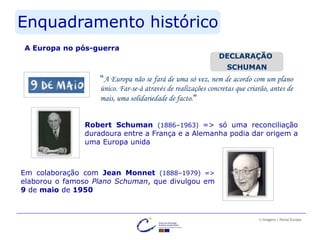 Enquadramento histórico
DECLARAÇÃO
SCHUMAN
“A Europa não se fará de uma só vez, nem de acordo com um plano
único. Far-se-á através de realizações concretas que criarão, antes de
mais, uma solidariedade de facto.”
Em colaboração com Jean Monnet (1888–1979) =>
elaborou o famoso Plano Schuman, que divulgou em
9 de maio de 1950
Robert Schuman (1886–1963) => só uma reconciliação
duradoura entre a França e a Alemanha podia dar origem a
uma Europa unida
A Europa no pós-guerra
© Imagens | Portal Europa
 