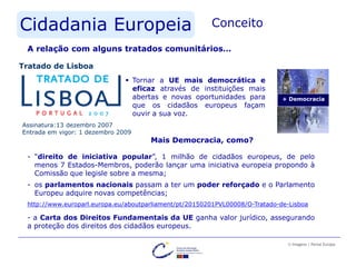 Cidadania Europeia Conceito
A relação com alguns tratados comunitários…
Tratado de Lisboa
Assinatura:13 dezembro 2007
Entrada em vigor: 1 dezembro 2009
+ Democracia
Mais Democracia, como?
- “direito de iniciativa popular”, 1 milhão de cidadãos europeus, de pelo
menos 7 Estados-Membros, poderão lançar uma iniciativa europeia propondo à
Comissão que legisle sobre a mesma;
- os parlamentos nacionais passam a ter um poder reforçado e o Parlamento
Europeu adquire novas competências;
http://www.europarl.europa.eu/aboutparliament/pt/20150201PVL00008/O-Tratado-de-Lisboa
- a Carta dos Direitos Fundamentais da UE ganha valor jurídico, assegurando
a proteção dos direitos dos cidadãos europeus.
 Tornar a UE mais democrática e
eficaz através de instituições mais
abertas e novas oportunidades para
que os cidadãos europeus façam
ouvir a sua voz.
© Imagens | Portal Europa
 