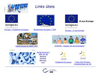 Cidadania Europeia
Portal oficial do AEPC (PT)
Europa | Cidadania Europeia
Carta dos Direitos
Fundamentais da UE
Europa | A sua Europa
A sua Europa
Parlamento Europeu | CDF
Links úteis
©Pixabay
EUROPA - Espaço de Aprendizagem
Portal Eurocid |
ABC da UE
APRENDER
CONHECER
PARTICIPAR
VIVER
 