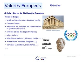 Valores Europeus
© Imagens | Pixabay
Génese
Herança Grega:
 lendárias histórias sobre deuses e heróis;
 Cidades-Estado;
 introdução do conceito de «Democracia»
(o governo pelo povo);
 primeira edição dos Jogos Olímpicos;
 arte e cultura;
 filósofos/pensadores (Sócrates, Platão,…);
 matemáticos (Euclides, Pitágoras,…);
 cientistas (Aristóteles, Eratóstenes,…);
 …
Grécia | Berço da Civilização Europeia
Templo de Partenon (Atenas)
 