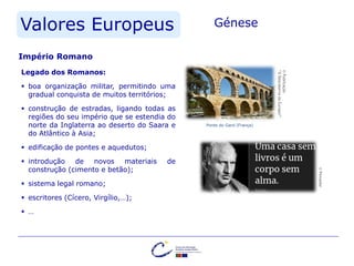 Valores Europeus
©Publicação
“ÀDescobertadaEuropa!”
Génese
Legado dos Romanos:
 boa organização militar, permitindo uma
gradual conquista de muitos territórios;
 construção de estradas, ligando todas as
regiões do seu império que se estendia do
norte da Inglaterra ao deserto do Saara e
do Atlântico à Asia;
 edificação de pontes e aquedutos;
 introdução de novos materiais de
construção (cimento e betão);
 sistema legal romano;
 escritores (Cícero, Virgílio,…);
 …
Império Romano
Ponte do Gard (França)
©Pensador
 