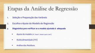 1. Seleção e Preparação das Variáveis
2. Escolha e Ajuste do Modelo de Regressão
3. Diagnóstico para verificar se o modelo ajustado é adequado
 Ajuste do modelo (R2, Teste F, Testes t para coef.)
 Multicolinearidade (FIV)
 Análise dos Resíduos
Etapas da Análise de Regressão
 