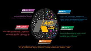Nossa plataforma de Mídia
Programática Premium, consegue
melhorar e otimizar qualquer resultado.
Com a integração da Lotame em nosso processo,
temos acesso a melhor DMP do mundo e mais de
40 data providers para gerar mais dados e
informações sobre o consumidor.
Nosso time de otimização, utiliza o conhecimento,
os dados e a integração das ferramentas
para melhorar resultados e performance das
campanhas em qualquer plataforma
Cuida das integrações de adservers, tags de plataformas, DCO para que todo o processo funcione e
que não exista dispersão de dados, assim como a validação das ferramentas, audiências e dados.
Conecta todas as pontas para que possa gerar
insights e inteligência de dados para que o processo
funcione, melhore resultados e ainda contribua com
o cliente para o sucesso da suas campanhas.
 