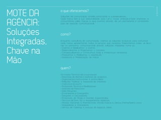 EVENTOS N’ÁREA
MOTE DA       o que oferecemos?
              Soluções de comunicação simples, sofisticadas e surpreendentes .                         03




AGÊNCIA:
              Cada marca tem a sua personalidade , para t al a nossa ambição é fazer enamorar os
              consumidores pelas marcas e seus eventos através de um permanente e consistente
              jogo de sedução comunicacional.




Soluções      como?

Integradas,   Enquanto consultora de comunicação, criamos as soluções exclusivas para comunicar
              cada marca, apresentando todos os serviços que necessita. Preenchemos todas as lacu-
              nas no panorama comunicacional, através soluções ntegradas numa só:


Chave na
              › Criamos e Idealizamos o evento;
              › Desenvolvemos e Projectamos o conceito;
              › Conceptualizamos e Construimos toda a infrastrutura necessária;
              › Produzimos e Realizamos o espetáculo;


Mão
              › Assessoria e Mediatização da marca




              quem?
              Os nossos Técnicos são a sua equipa:
              › Directores de clientes e Gestores de projectos
              › Organizações institucionais e protocolares
              › Relações Públicas e Assesores de imprensa
              › Criativos e Accounts
              › Produtores Técnicos e Realizadores
              › Gestores de Patrocinios
              › Web Designers
              › Encenadores e Coreografos
              › Designers e Decoradores
              › Produtores de Moda e Grandes Espectáculos
              › Técnicos de Som, luz e equipamentos especiais
              › Artistas Nacionais e Internacionais (moda, musica, tv, dança, cinema/teatro, circo)
              › Hospedeiras e Animadores
              › Serviço de Catering e procura de espaços ideais
 