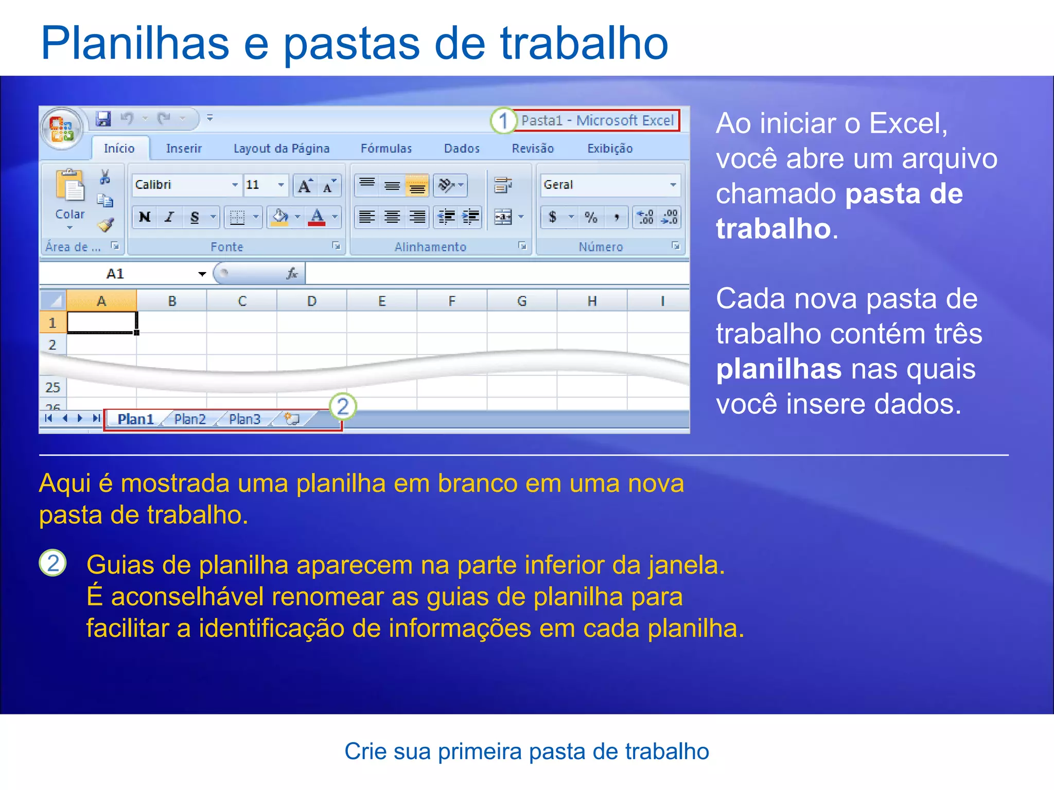 Planilhas e pastas de trabalho Crie sua primeira pasta de trabalho Ao iniciar o Excel, você abre um arquivo chamado  pasta de trabalho .  Cada nova pasta de trabalho contém três  planilhas  nas quais você insere dados.  Guias de planilha aparecem na parte inferior da janela. É aconselhável renomear as guias de planilha para facilitar a identificação de informações em cada planilha.  Aqui é mostrada uma planilha em branco em uma nova pasta de trabalho. 