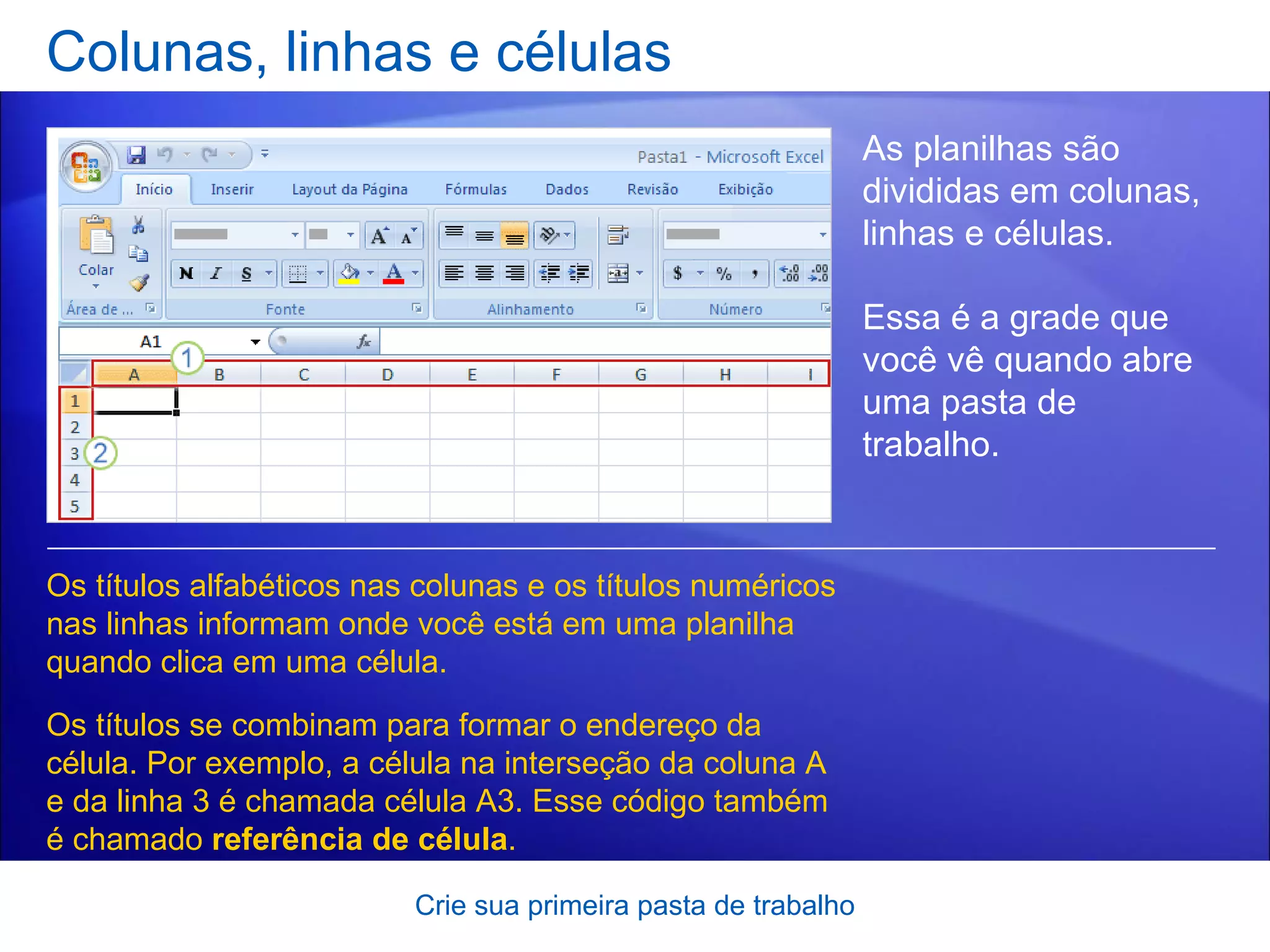 Colunas, linhas e células Crie sua primeira pasta de trabalho As planilhas são divididas em colunas, linhas e células.  Essa é a grade que você vê quando abre uma pasta de trabalho. Os títulos alfabéticos nas colunas e os títulos numéricos nas linhas informam onde você está em uma planilha quando clica em uma célula.  Os títulos se combinam para formar o endereço da célula. Por exemplo, a célula na interseção da coluna A e da linha 3 é chamada célula A3. Esse código também é chamado  referência de célula . 