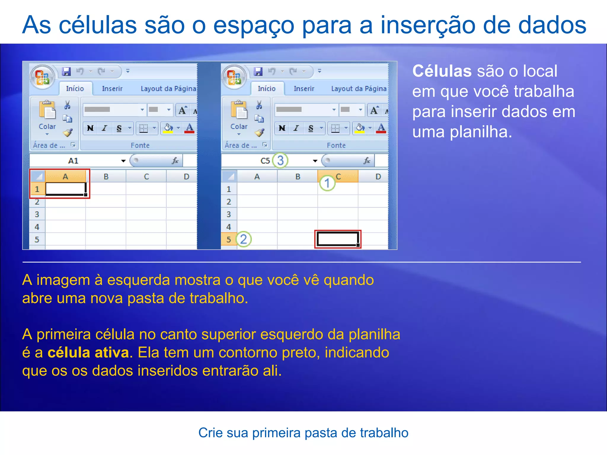 As células são o espaço para a inserção de dados Crie sua primeira pasta de trabalho Células  são o local em que você trabalha para inserir dados em uma planilha.  A imagem à esquerda mostra o que você vê quando abre uma nova pasta de trabalho.  A primeira célula no canto superior esquerdo da planilha é a  célula ativa . Ela tem um contorno preto, indicando que os os dados inseridos entrarão ali.  