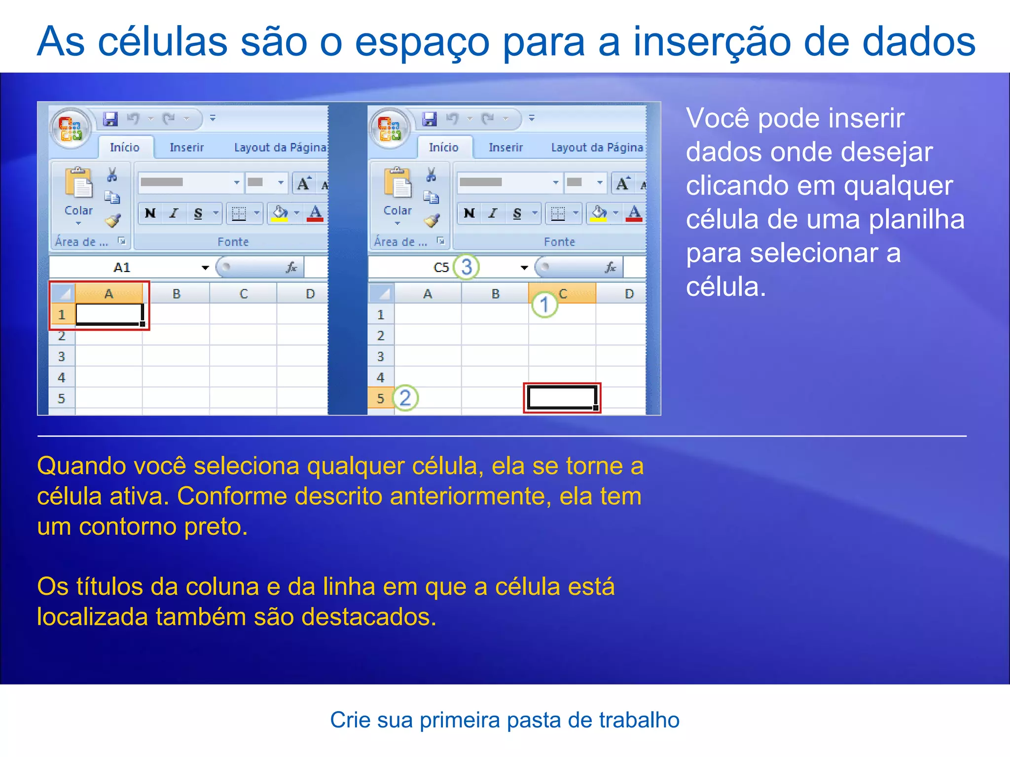 As células são o espaço para a inserção de dados Crie sua primeira pasta de trabalho Você pode inserir dados onde desejar clicando em qualquer célula de uma planilha para selecionar a célula.  Quando você seleciona qualquer célula, ela se torne a célula ativa. Conforme descrito anteriormente, ela tem um contorno preto.  Os títulos da coluna e da linha em que a célula está localizada também são destacados.  