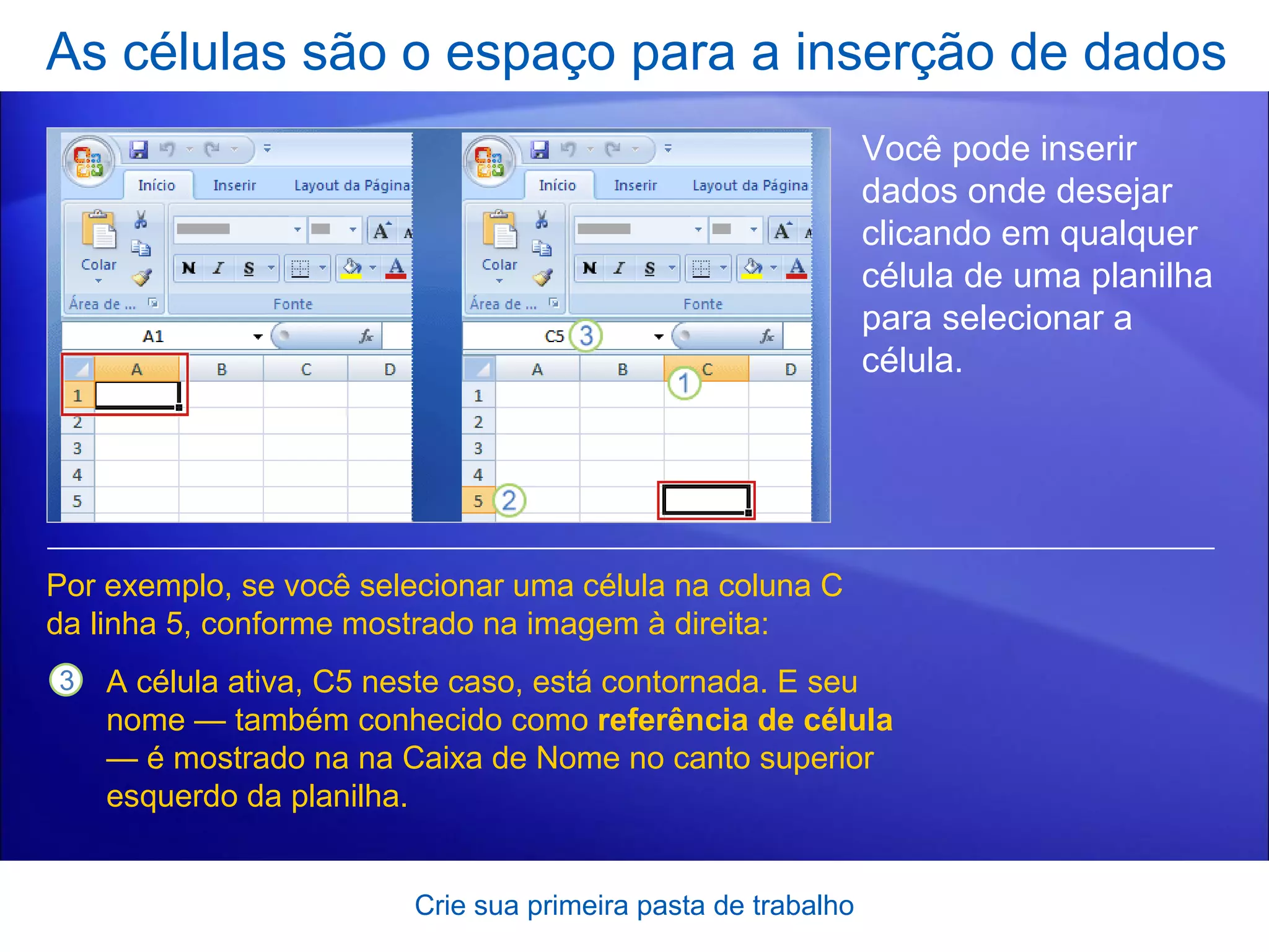 As células são o espaço para a inserção de dados Crie sua primeira pasta de trabalho Você pode inserir dados onde desejar clicando em qualquer célula de uma planilha para selecionar a célula.  Por exemplo, se você selecionar uma célula na coluna C da linha 5, conforme mostrado na imagem à direita: A célula ativa, C5 neste caso, está contornada. E seu nome — também conhecido como  referência de célula — é mostrado na na Caixa de Nome no canto superior esquerdo da planilha.  