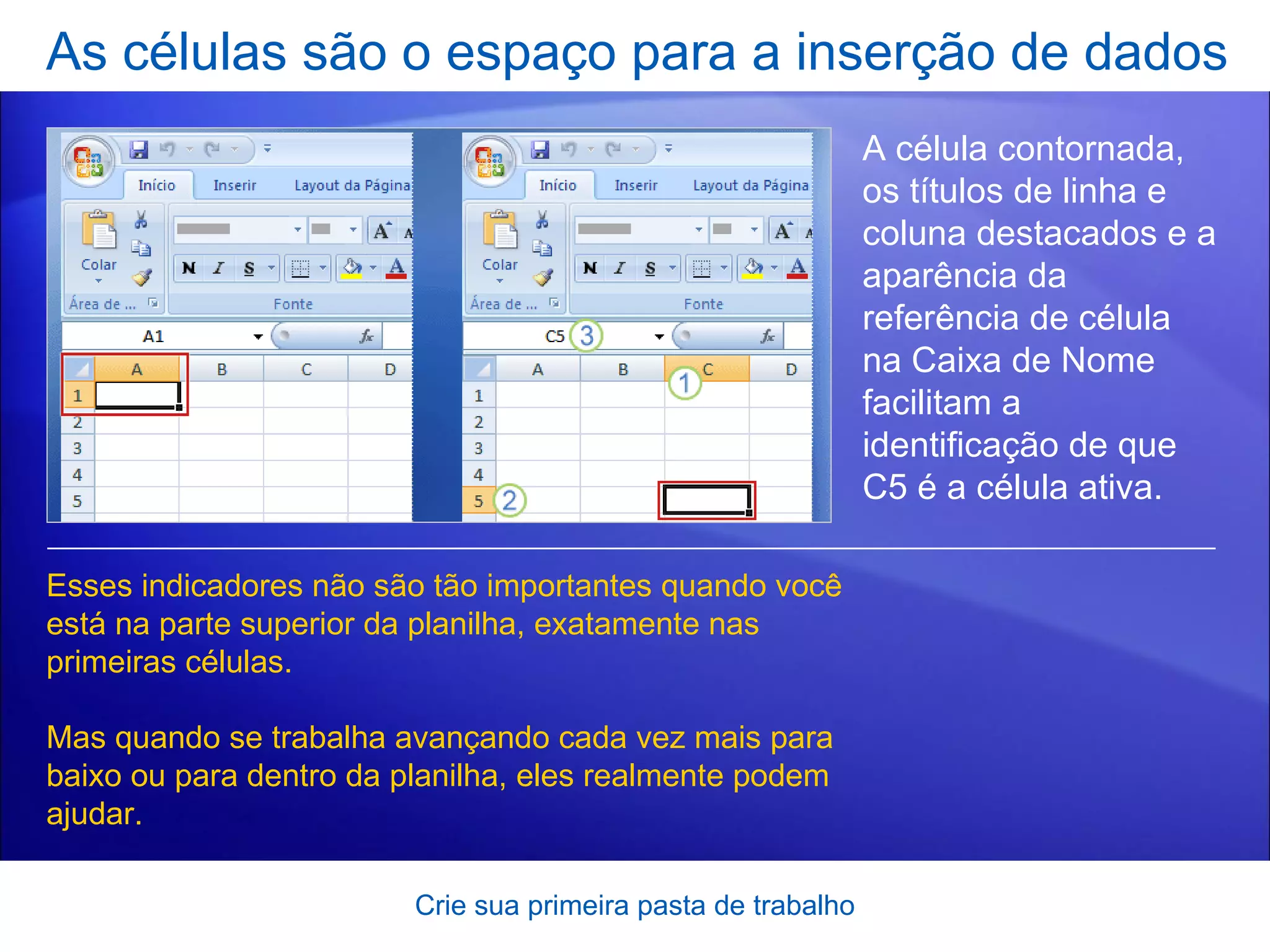As células são o espaço para a inserção de dados Crie sua primeira pasta de trabalho A célula contornada, os títulos de linha e coluna destacados e a aparência da referência de célula na Caixa de Nome   facilitam a identificação de que C5 é a célula ativa. Esses indicadores não são tão importantes quando você está na parte superior da planilha, exatamente nas primeiras células. Mas quando se trabalha avançando cada vez mais para baixo ou para dentro da planilha, eles realmente podem ajudar.   