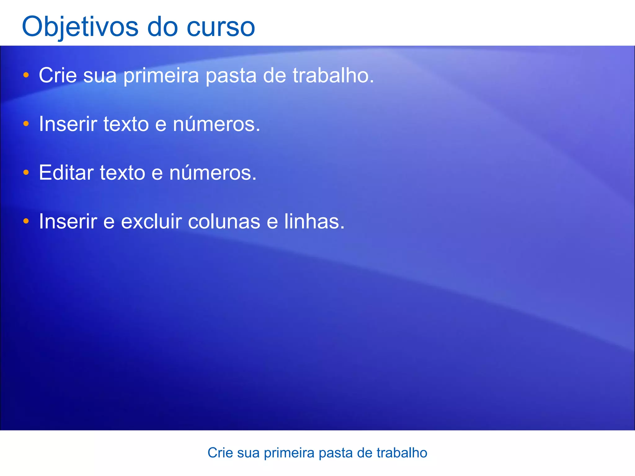 Objetivos do curso Crie sua primeira pasta de trabalho. Inserir texto e números. Editar texto e números. Inserir e excluir colunas e linhas. Crie sua primeira pasta de trabalho 