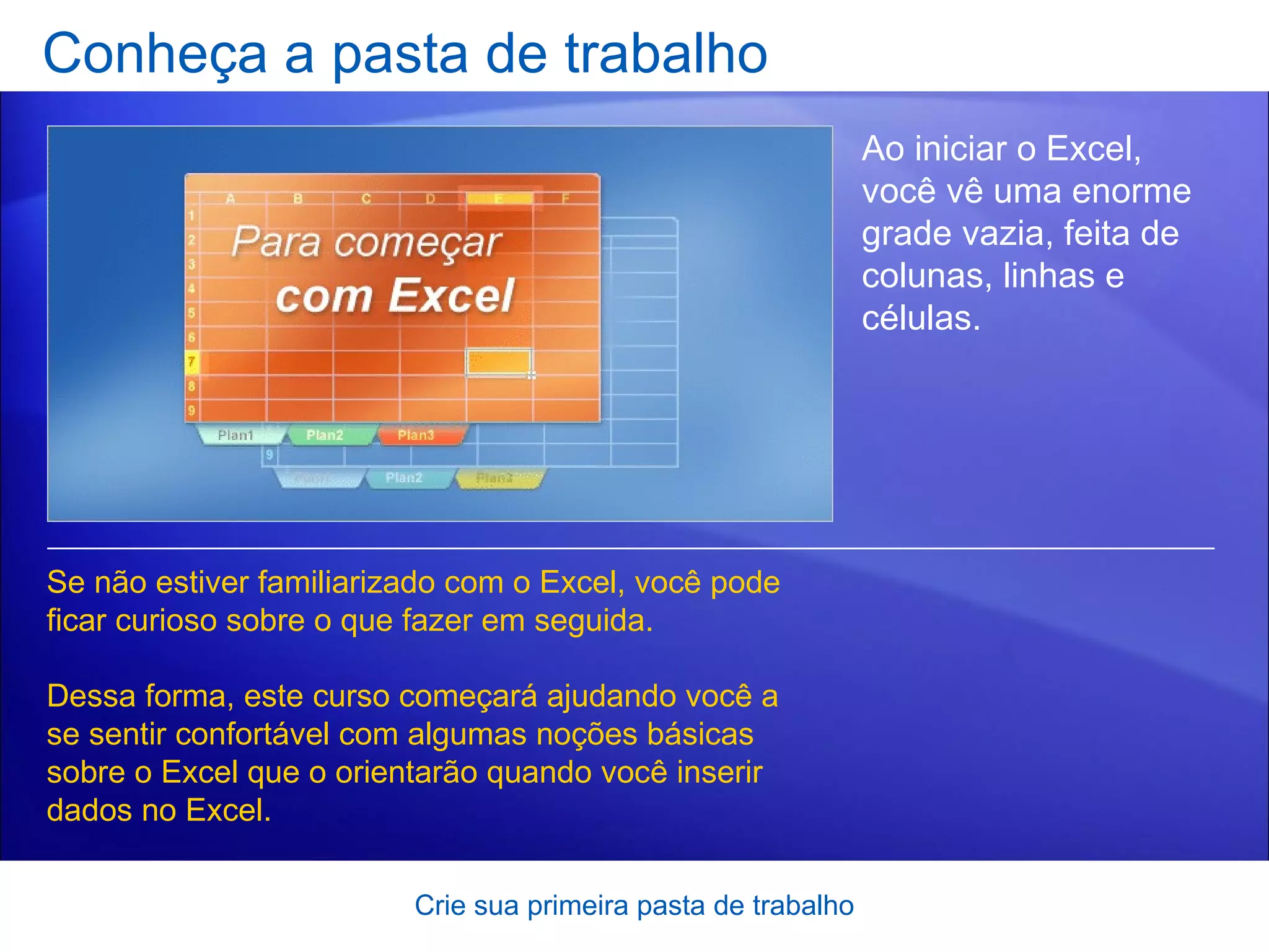 Conheça a pasta de trabalho Crie sua primeira pasta de trabalho Ao iniciar o Excel, você vê uma enorme grade vazia, feita de colunas, linhas e células. Se não estiver familiarizado com o Excel, você pode ficar curioso sobre o que fazer em seguida.  Dessa forma, este curso começará ajudando você a se sentir confortável com algumas noções básicas sobre o Excel que o orientarão quando você inserir dados no Excel.  